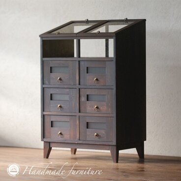 駄菓子屋風ショーケース付きキャビネット（おもちゃ、衣類、書類などの収納に）／2列3段茶