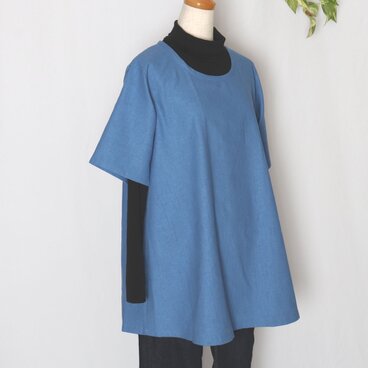 【M】Aラインチュニックハーフリネン（ブルー） 半袖_C18