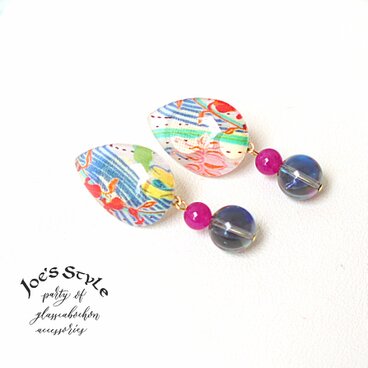 流れるブルーとルナフラッシュの爽やかイヤリング　ピンクジェードの華やかさを添えて♪