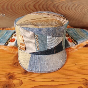 DENIMパッチワークの耳当て付KEPI（ブルー）