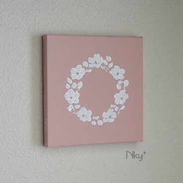 桜リースのファブリックパネル M-102◆サーモン/白-銀