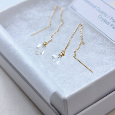 k14gf-小さなダイヤモンドクォーツの原石チェーンピアス
