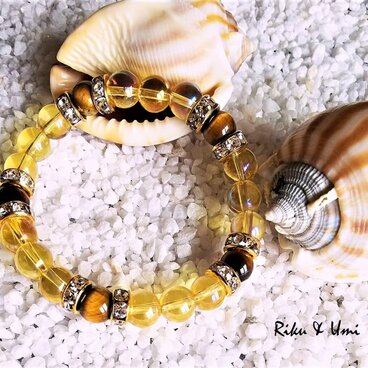 $あなたのパワースポット/タイガーアイ＆ゴールオーラ合成シトリン天然石ブレスレット