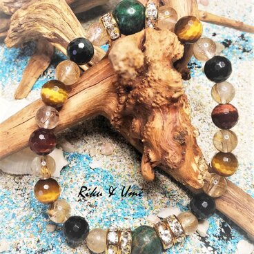 ＄あなたのパワースポット/ゴールドルチルクォーツ＆ミックスタイガーアイ＆アベンチュリン天然石ブレスレット