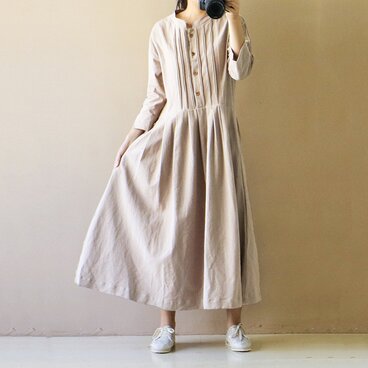 生成り 着心地綿麻 九分袖 元麻色 ギャザーワンピース