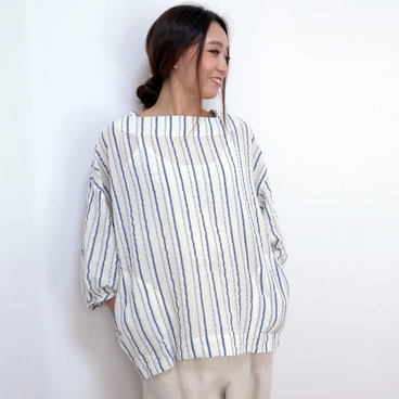 ２０％OFFふわふわガーゼクレープ、涼しくて痩せ見え七分袖チュニックブラウス、ブルーストライプ