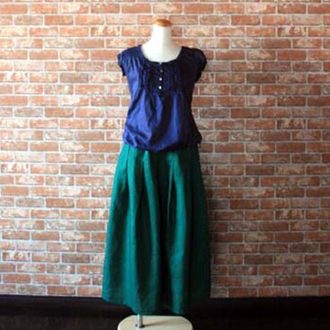 国産リネン　タックスカート　フォレストグリーン　裏地付