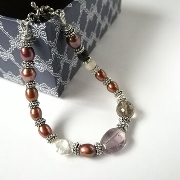 アメジストのアンティークブレスレット　スモーキークォーツ　バロックパール　シルバー