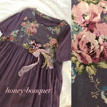 ブーケ柄ダブルガーゼの半袖ギャザーワンピース☆紫
