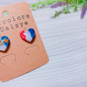 トリコロール ハート レジン イヤリング ピアス♪
