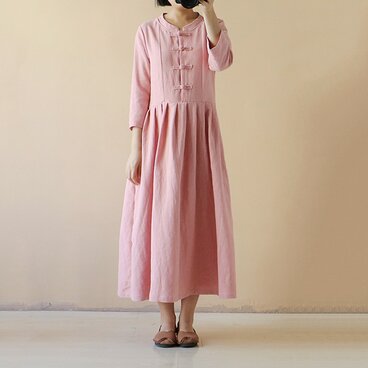 綿麻 桜色 ギャザーワンピース ふんわりワンピース チャイナボタン