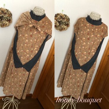 お値下げ♪薔薇柄コーデュロイフレンチタックワンピース