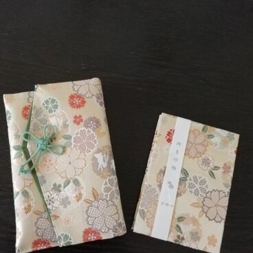 金襴 fu·ku·co. 　御朱印帳&御朱印帳ケース set 　袱紗兼用サイズ　うさぎと桜緑