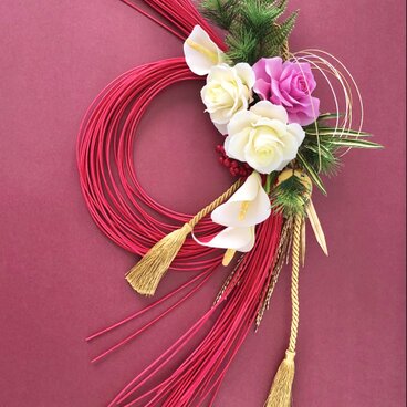 お正月　ラタンしめ縄飾り　クレイフラワー