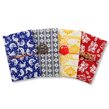 手ぬぐいハンカチで作ったポチ袋/4枚セット/縁起柄/no,2