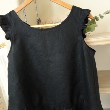 バックオープンブラウス：黒リネン