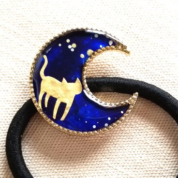 猫と月のヘアゴムDブルー