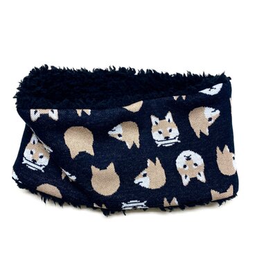 【即納可能】かぶるタイプ☆キッズサイズ☆柴犬柄(黒色)＋ふわふわプードルファーのネックウォーマー