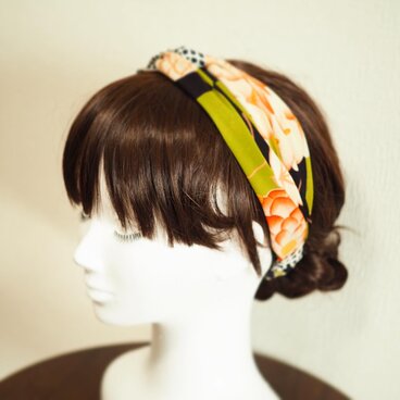 アンティーク着物生地のクロスターバン☆緑系と格子柄☆