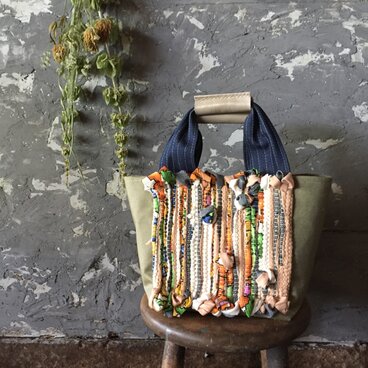 四角トートbag 裂織り本革ハンドル