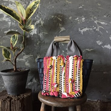 四角トートbag 裂織り本革ハンドル