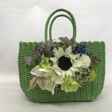 花付きバスケット　グリーン　かごバック　#55