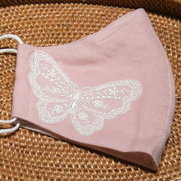 ワンポイントレース×ダブルガーゼ 立体布マスク(女性用ふつう)