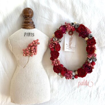 ドライフラワー　オーバルリース　rose  red