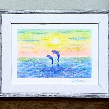 海とイルカのパステルアート　夜明け前に　パステル画原画