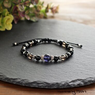 <Silver925>アイオライト×オニキス×スモーキークオーツのコードブレスレット　＃２