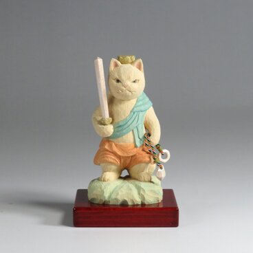 木彫り　立不動明王猫　猫仏2011