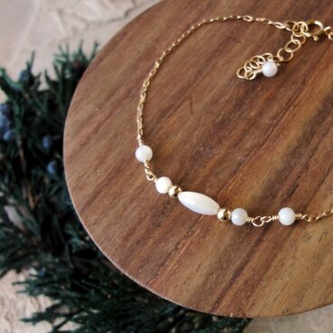 天然石のチェーンブレスレット ■ God's Rice ■ 14KGF マザーオブパール