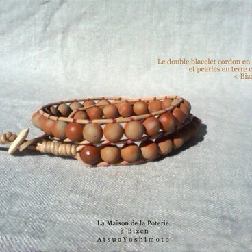 <Bizen> 備前焼　革紐2連ブレスレット