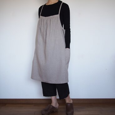 受注製作　フロントギャザーエプロン　リネン　ナチュラル