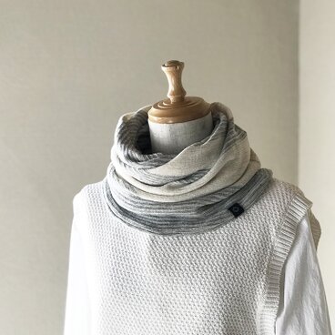 さらふわオーガニックコットン×麻 /リバーシブルねじりスヌード　生成グレー×グレーボーダー