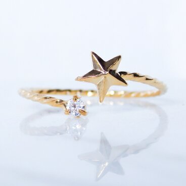 星とキュービックジルコニアのフォークリング☆極細ツイスト☆ゴールドカラー