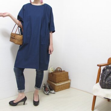 **難あり特価**2294 リネンのワンピース　ネイビー