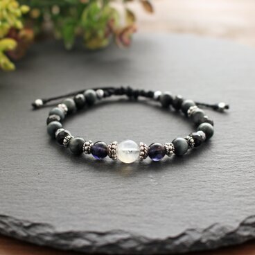 <Silver925>レインボームーンストーン×アイオライト×イーグルアイのコードブレスレット　＃２