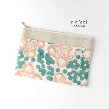 インド木版プリントのポケット付きフラットポーチ　マスクケース／通帳・母子手帳ケース