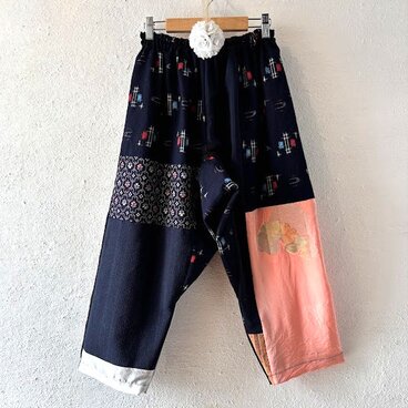 着物・浴衣リメイクサルエルパンツ　　ブルー