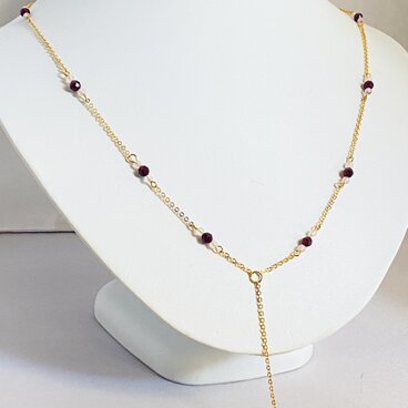 【ロングY字ネックレス】ガーネットとローズクォーツのゴールドチェーン♪