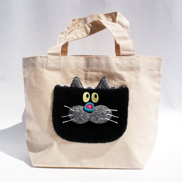 猫のキャンバスミニトートバッグ　ブラック