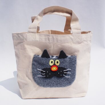 猫のキャンバスミニトートバッグ　グレー