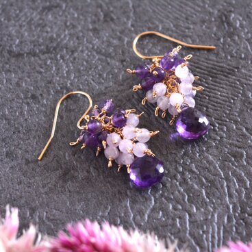 14KGF アメジスト 沢山 ブーケ ピアス・紫水晶 フックピアス・2月誕生石・天然石 ハンドメイドピアス