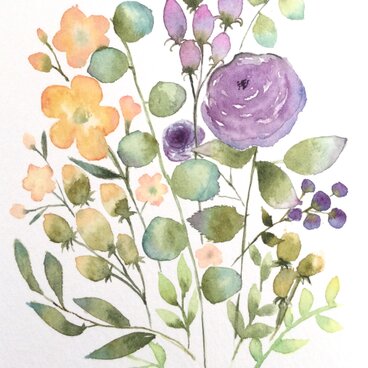 パープルのローズブーケ　水彩画　グラデーション　原画　オリーブユーカリ