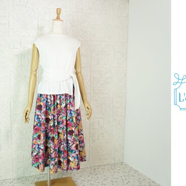 たっぷりフレアースカート　パープル花鳥