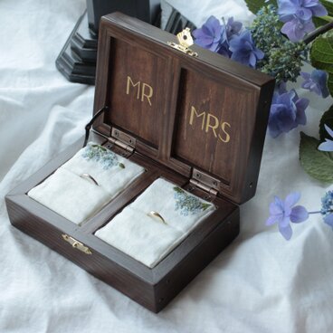 リングピロー木箱　紫陽花の刺繍