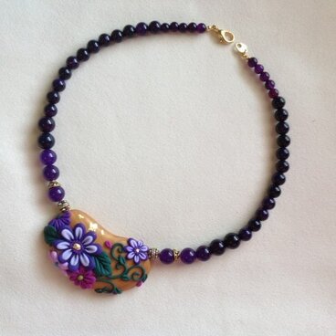 華や和柄ネックレス  パープルアゲート