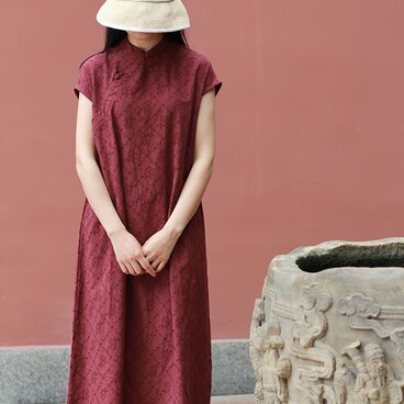 Aライン ワンピース 花柄 ワインレッド チャイナボタ