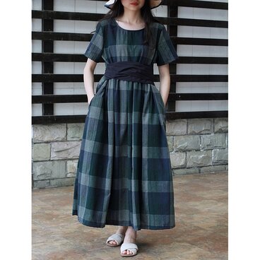 半袖ワンピース チェック柄 ギャザーワンピース
